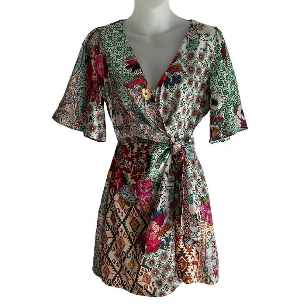 Zara Wrap Dress Patchwork Paisley Floral Aztec Tan Green Blue Zipper Back Small